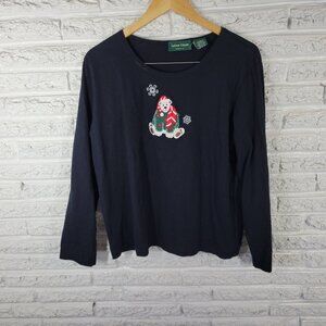 Lemon Grass Christmas XL Tee Indigo Blue Embroidered Santa Bear BLU198E